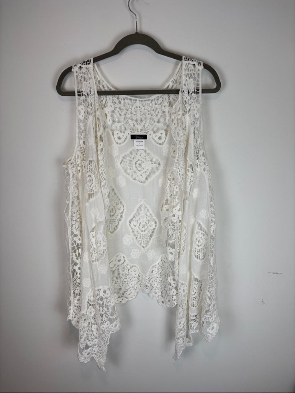 White Lace Crochet Kimono Womens Large Boho 100% Cotton Beach Coverup Vest